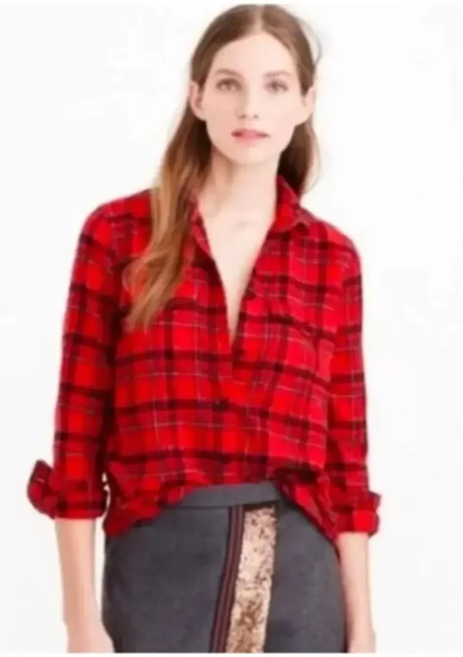 J. Crew Red and Black Windowpane Plaid Flannel Button Down Size 8